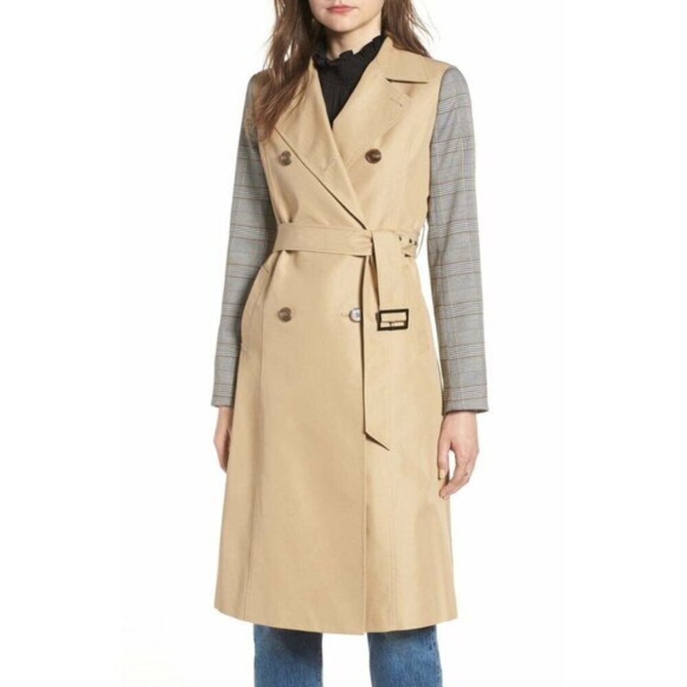 Mural Trench Coat Plaid Sleeve Double Breasted Coat Jacket SZ S New